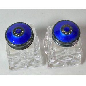 Vintage Norway Cut Glass and Cobalt Blue Enamel & Sterling Salt Pepper Shakers